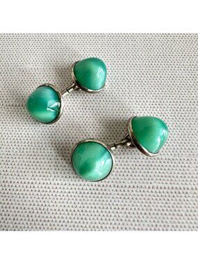 Art Deco Opaline Glass Cufflinks Aqua Double Face Chain Link 1920s